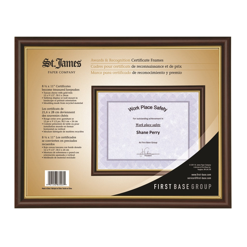 St. James® Certificate/Diploma/Document Frame, 8.5x11", Tuscan Cherry with Gold Trim, 83903