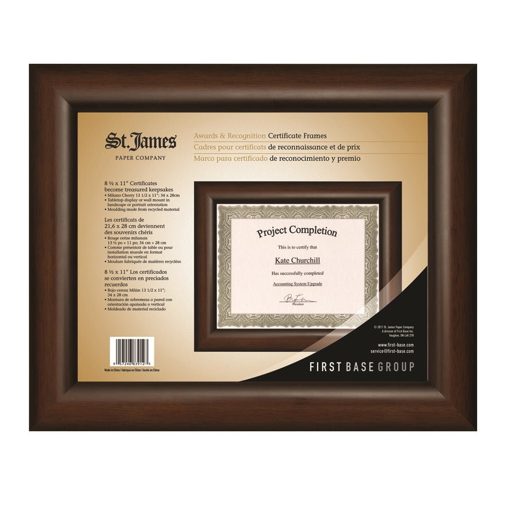 St. James® Certificate/Diploma/Document Frame, 8.5x11", Milano Cherry, 83912