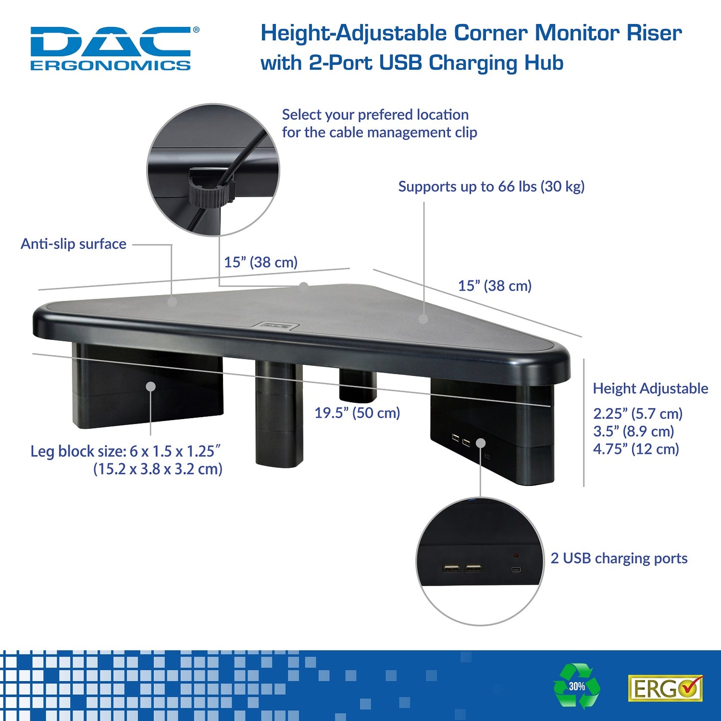 DAC® Stax™ MP-214 Height-Adjustable Corner Monitor/Laptop Stand with 2-USB Ports, Black