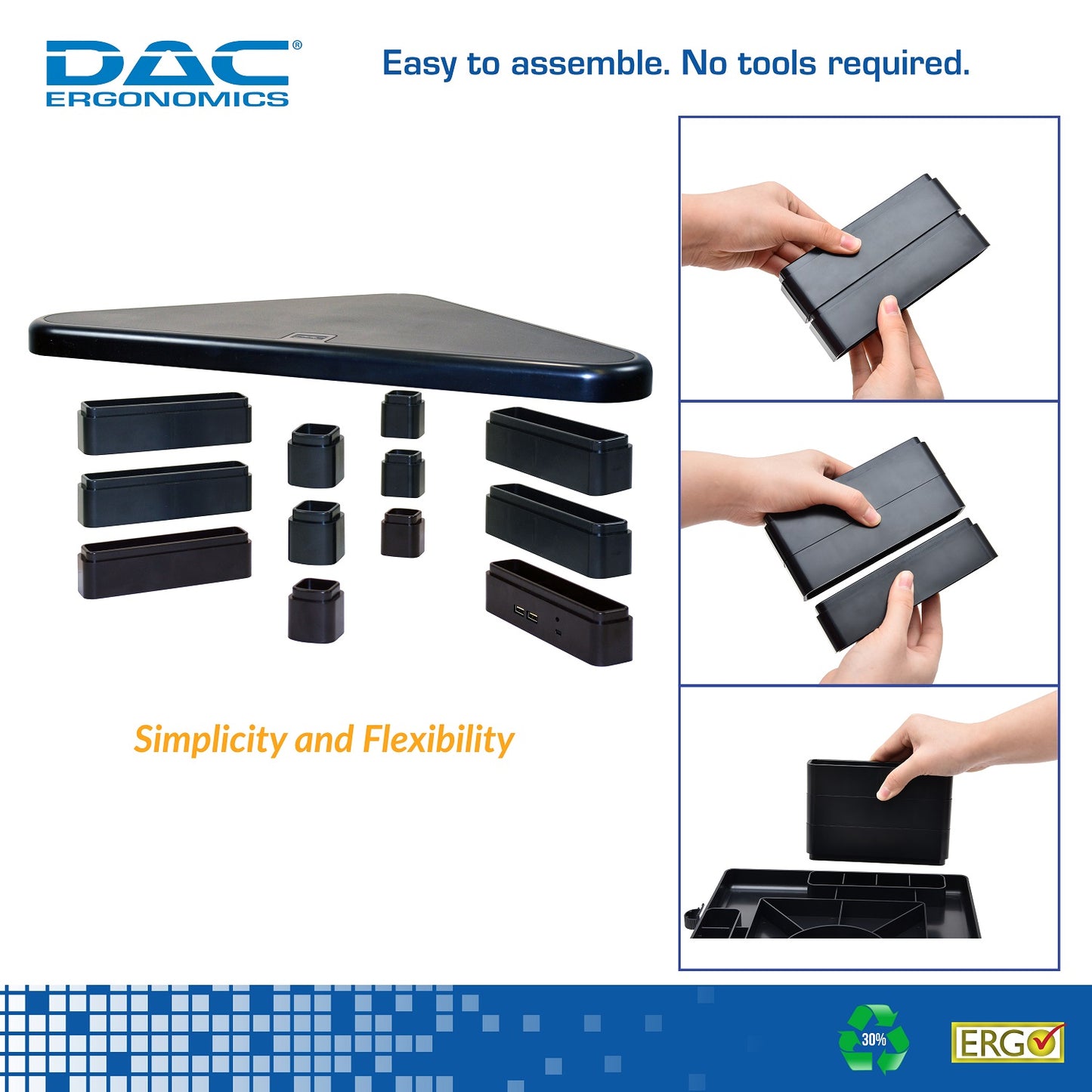 DAC® Stax™ MP-214 Height-Adjustable Corner Monitor/Laptop Stand with 2-USB Ports, Black