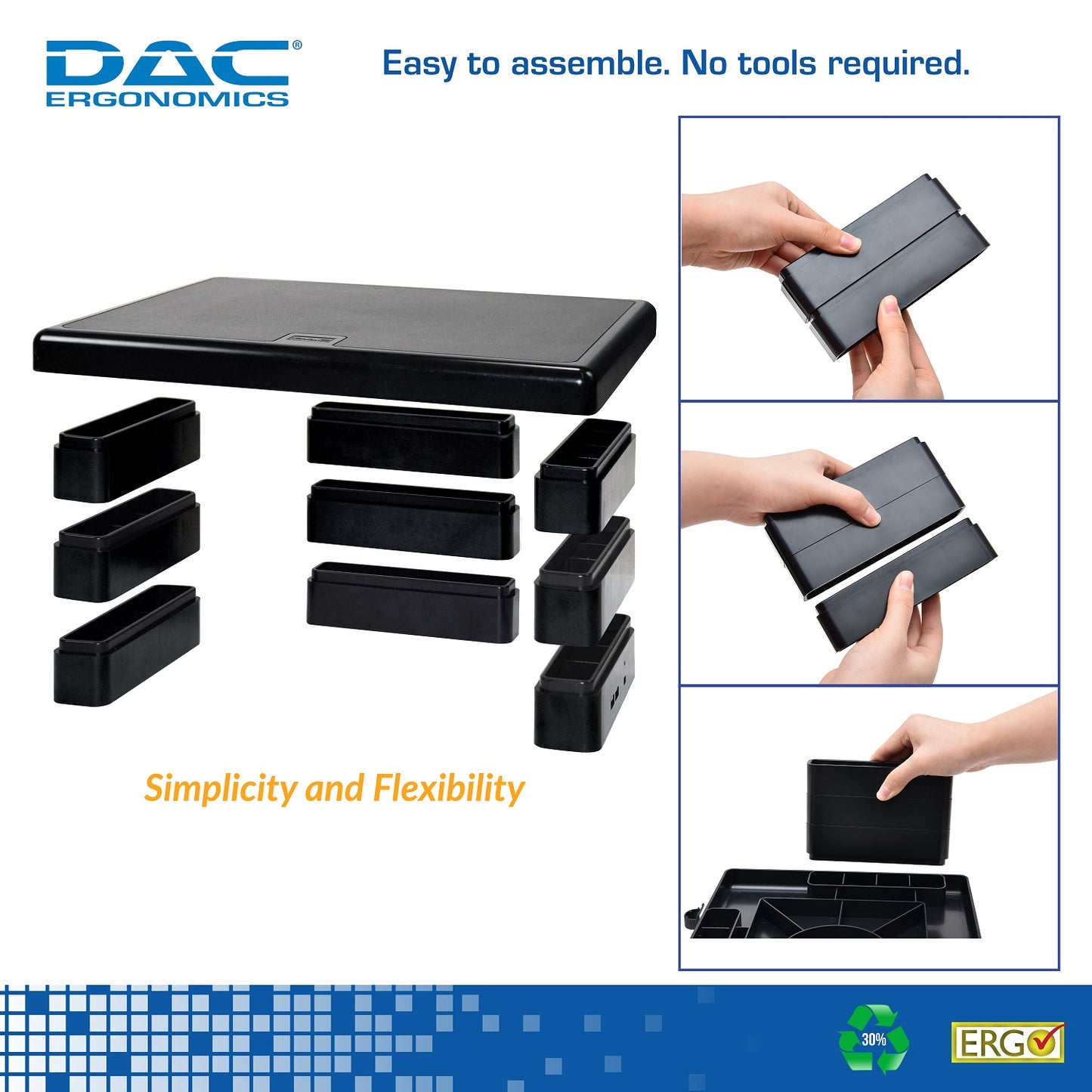 DAC® Stax™ MP-213 Height-Adjustable Monitor/Laptop Stand with 2-USB Ports, Black