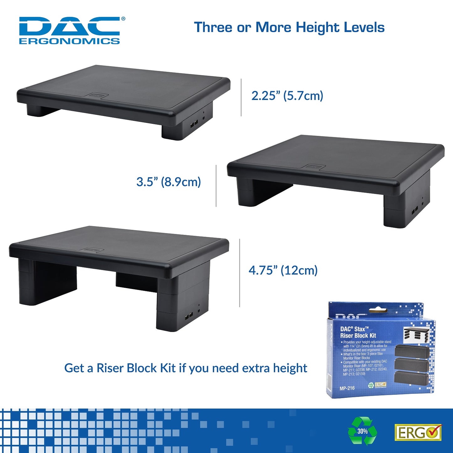 DAC® Stax™ MP-213 Height-Adjustable Monitor/Laptop Stand with 2-USB Ports, Black