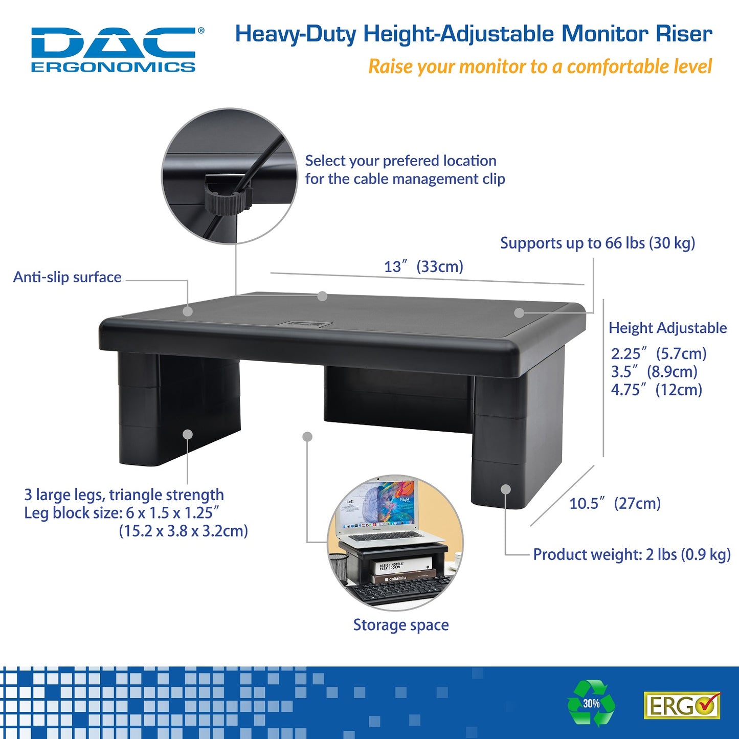 DAC® Stax™ MP-107 Ergonomic Height-Adjustable Monitor Riser/Laptop Stand, Black