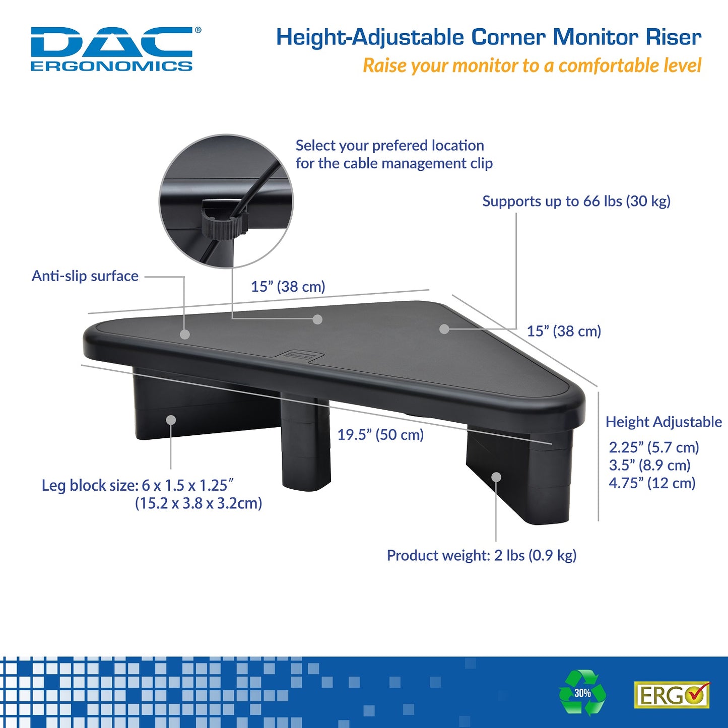 DAC® Stax™ MP-197 Height Adjustable Corner Monitor Riser, Black