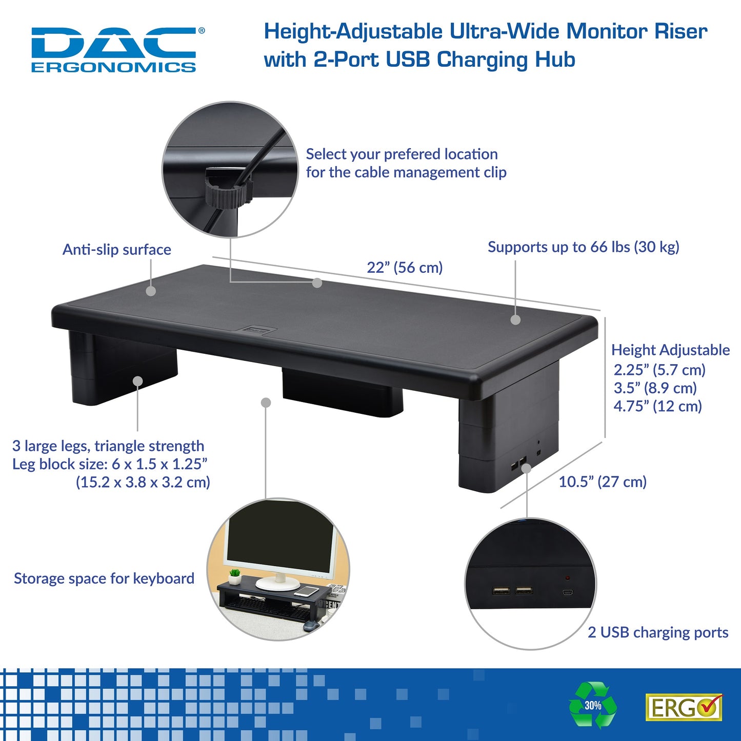 DAC® Stax™ MP-212 Height-Adjustable Ultra-Wide Monitor/Laptop Stand with 2-USB Ports, Black