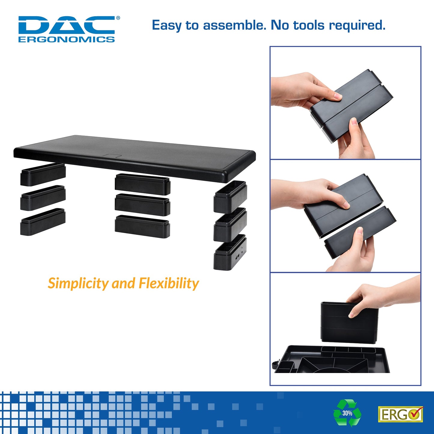 DAC® Stax™ MP-212 Height-Adjustable Ultra-Wide Monitor/Laptop Stand with 2-USB Ports, Black