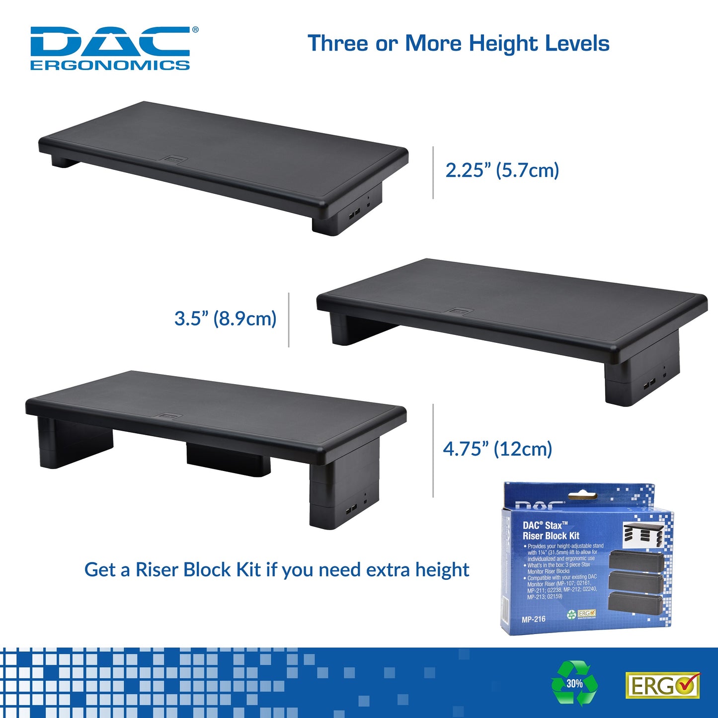 DAC® Stax™  MP-212 Height-Adjustable Ultra-Wide Monitor/Laptop Stand with 2-USB Ports, Black