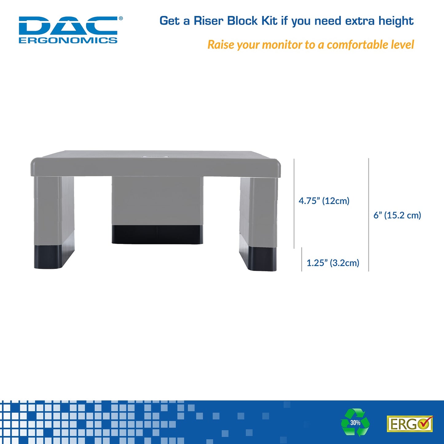 DAC® Stax™ MP-216 Ergonomic Height-Adjustable Monitor/Laptop Riser Blocks Kit, Black