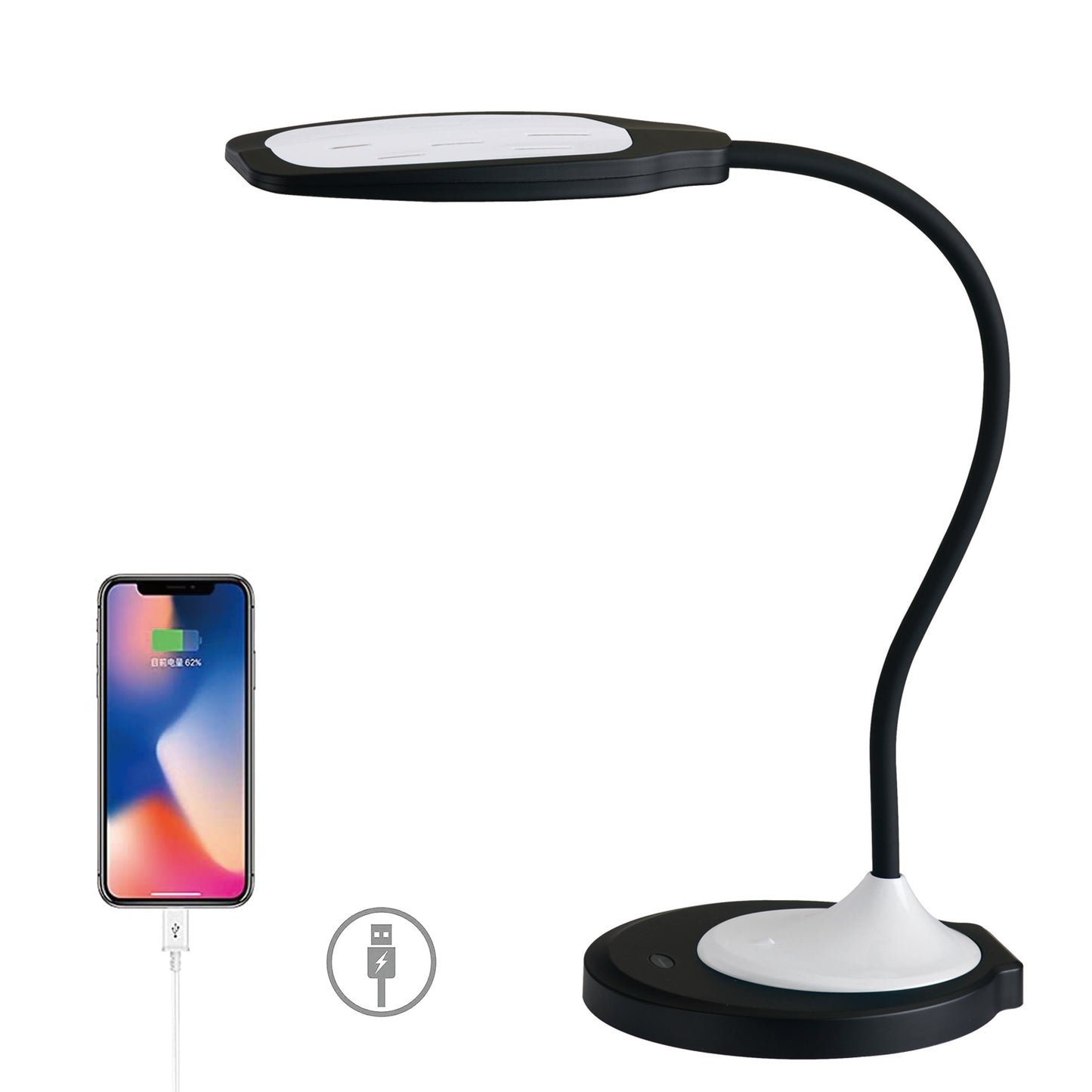 DAC® MP-356 Adjustable LED Desk Lamp/Table Lamp with USB Charging Port, White and Black