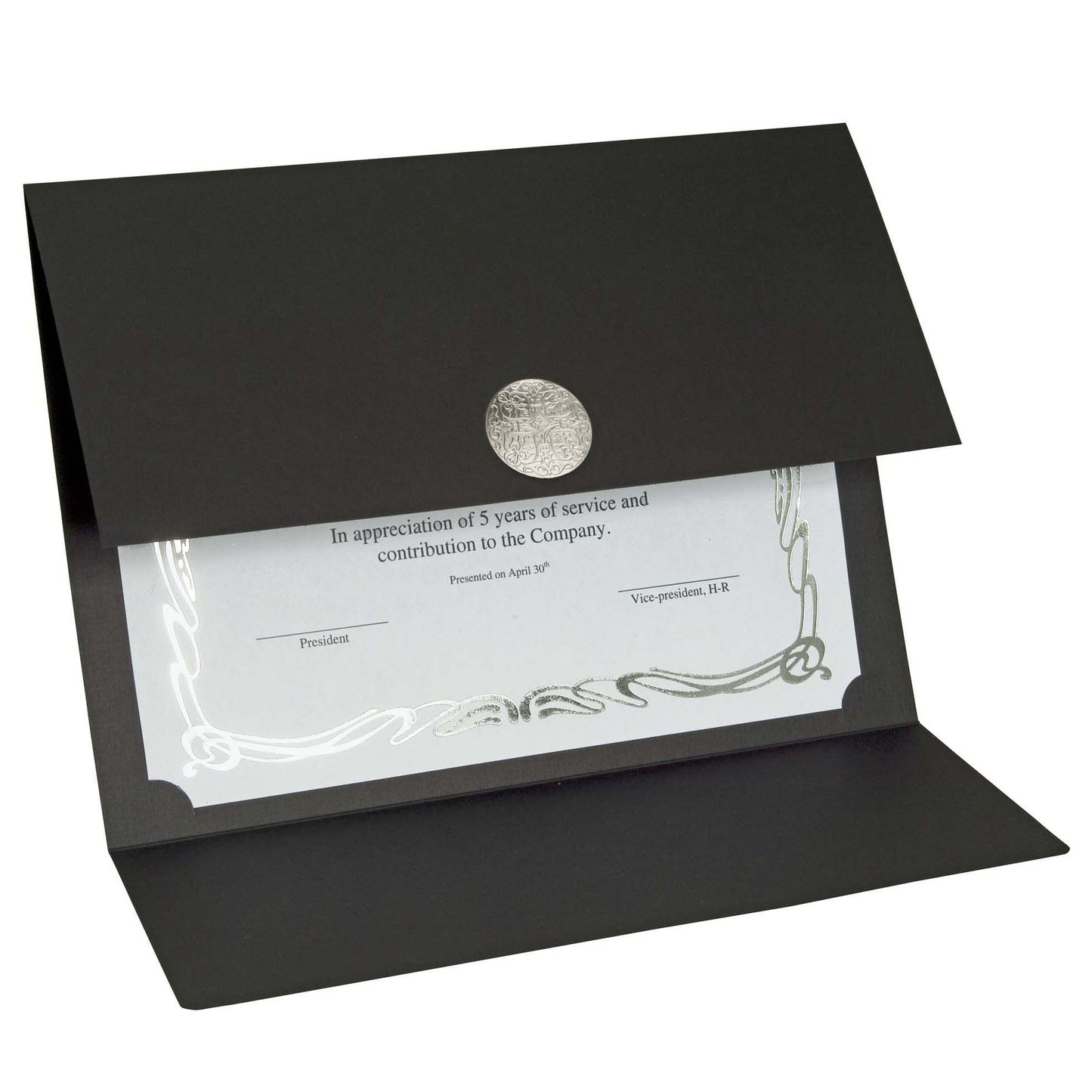 St. James® Elite™ Medallion Fold Certificate Holders, Black Linen with Silver Medallion, Pack of 5