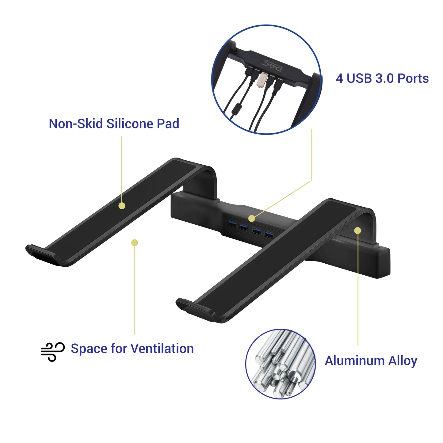 DAC® MP-220 Non-Skid Laptop Stand With 4-Port USB 3.0 Hub, Black