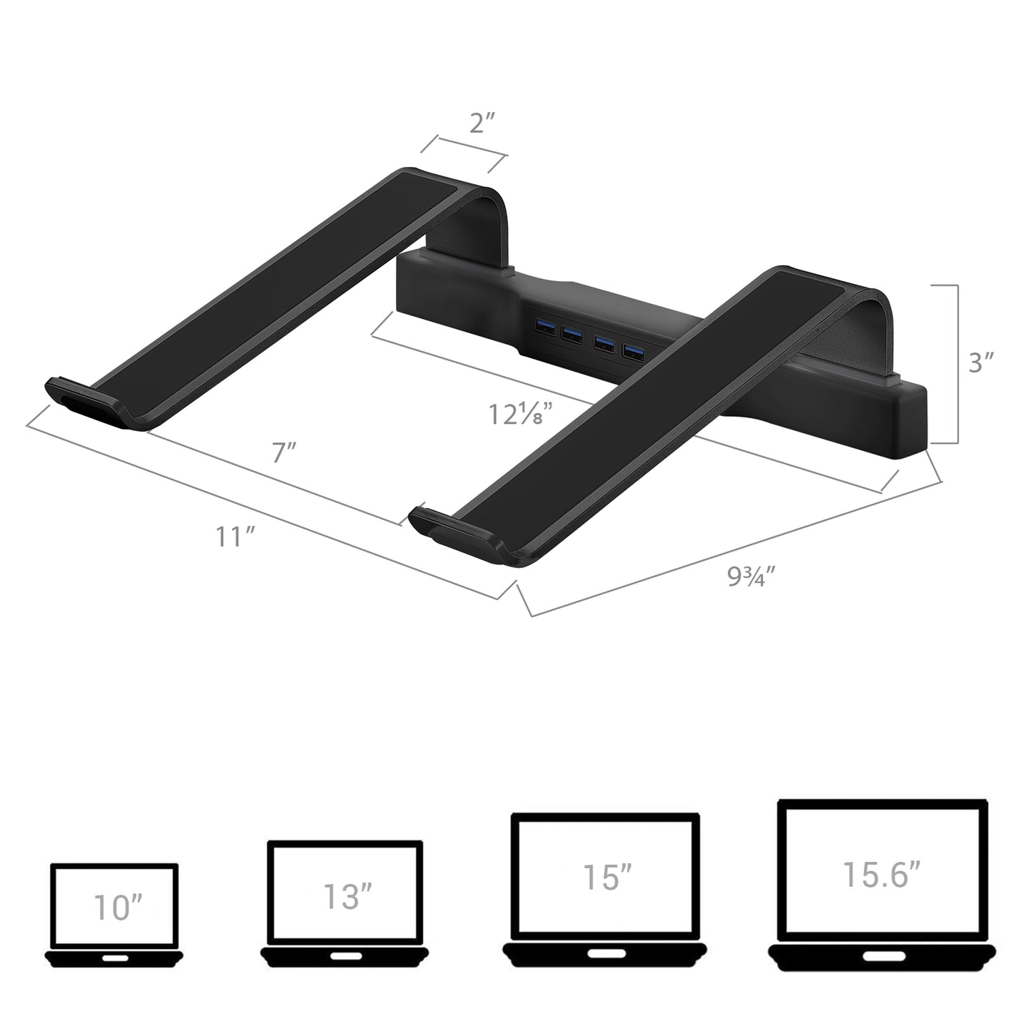 DAC® MP-220 Non-Skid Laptop Stand With 4-Port USB 3.0 Hub, Black