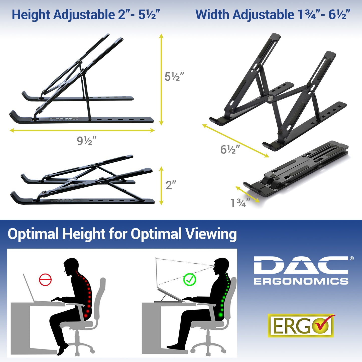 DAC® MP-222 Portable and Adjustable Laptop/Tablet Stand, Black