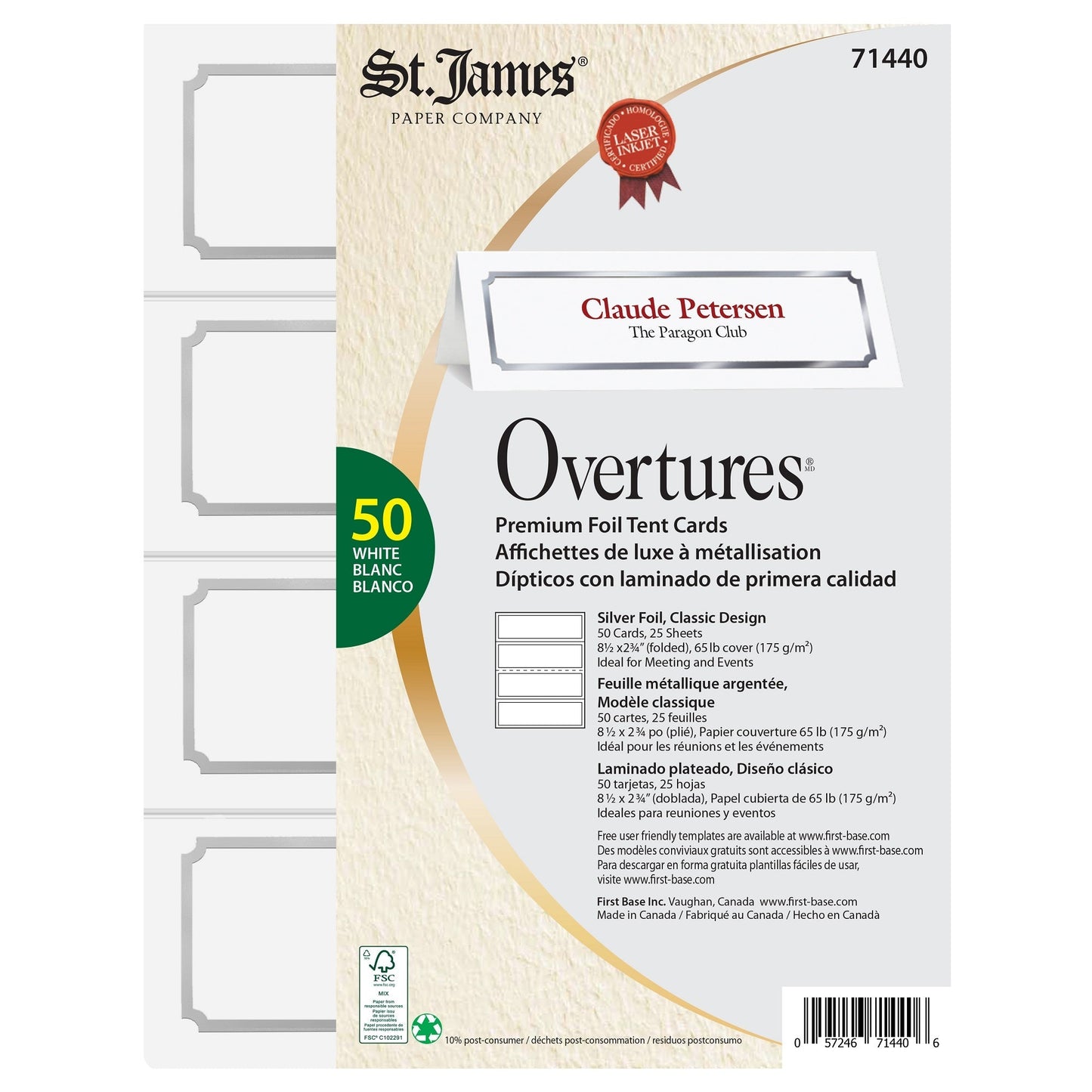 St. James® Overtures® Classic Tent Cards, White, Silver Foil, Fold to 8½ x 2¾", Pack of 50, 71440