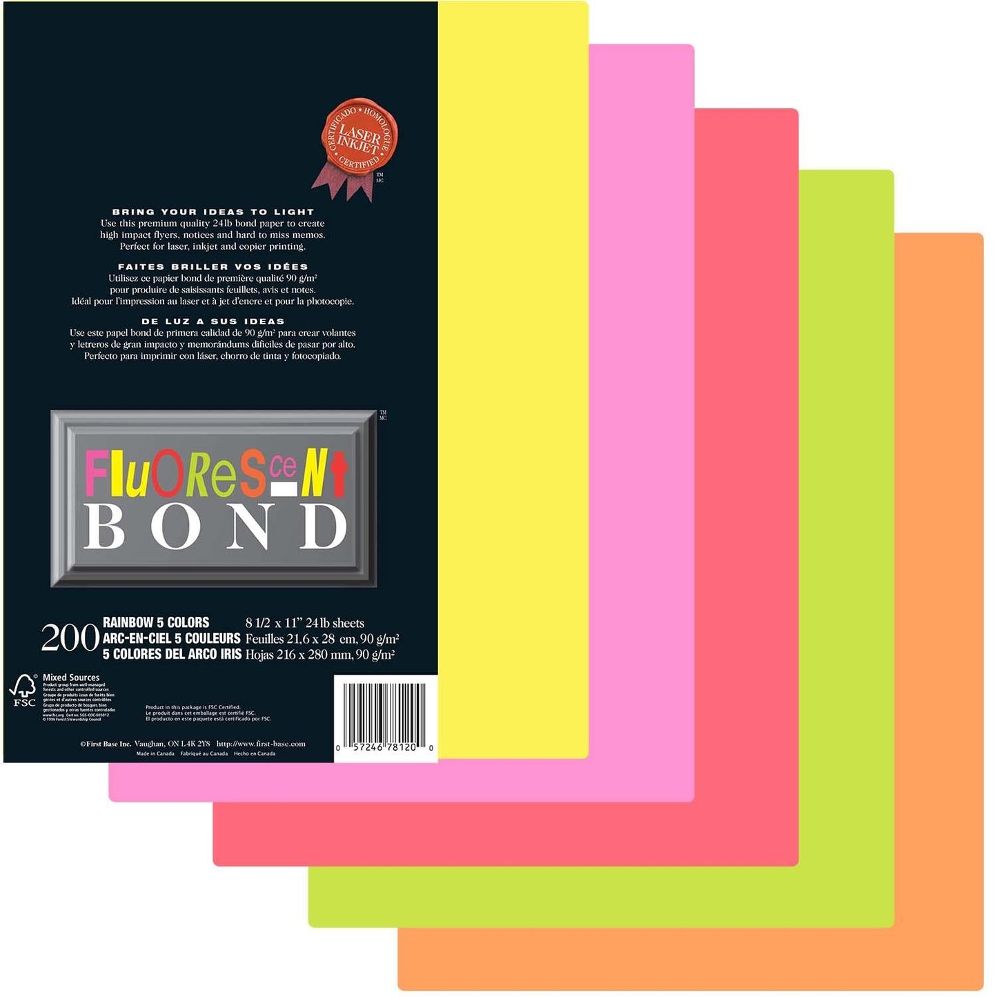 St. James® Fluorescent Bond Paper, Rainbow, 5 Bright Colours, Pack of 200, 78120