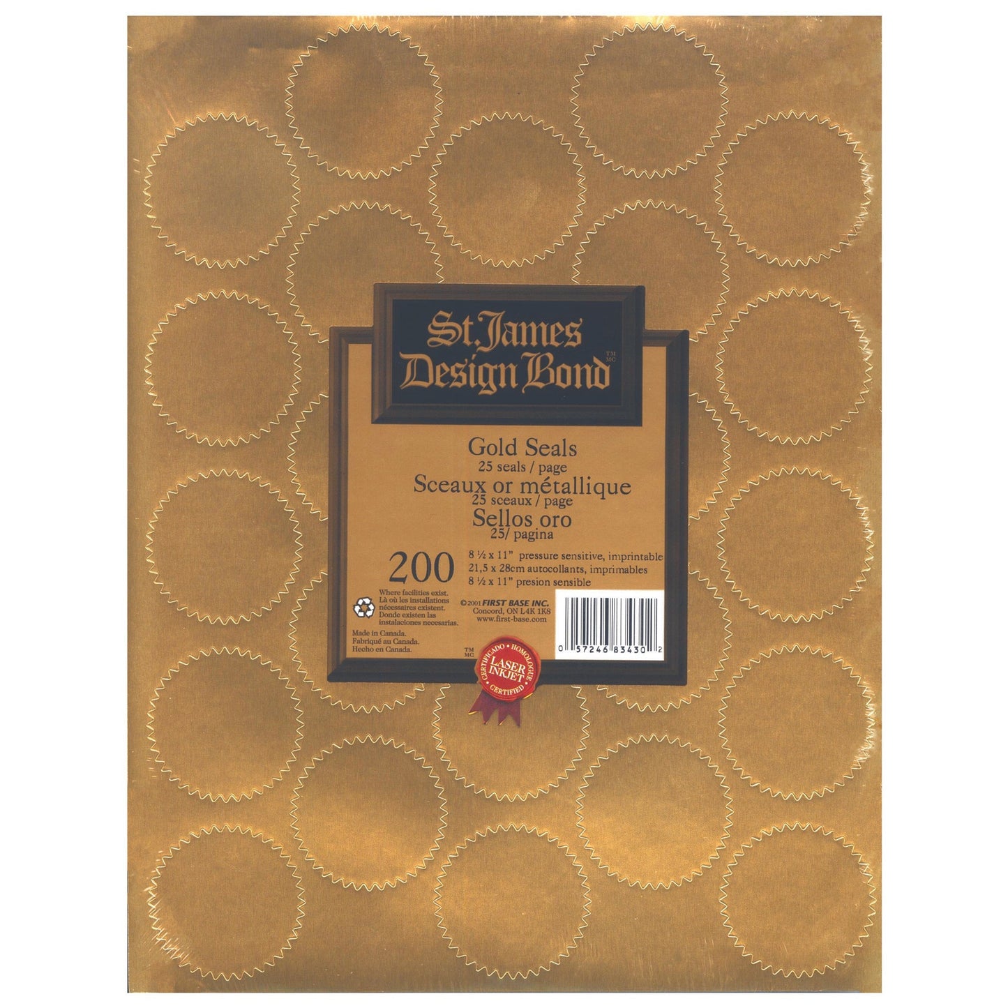 St. James® Imprintable Seals, Metallic Gold, 25/sheet, Pack of 8 (200 Seals), 83430