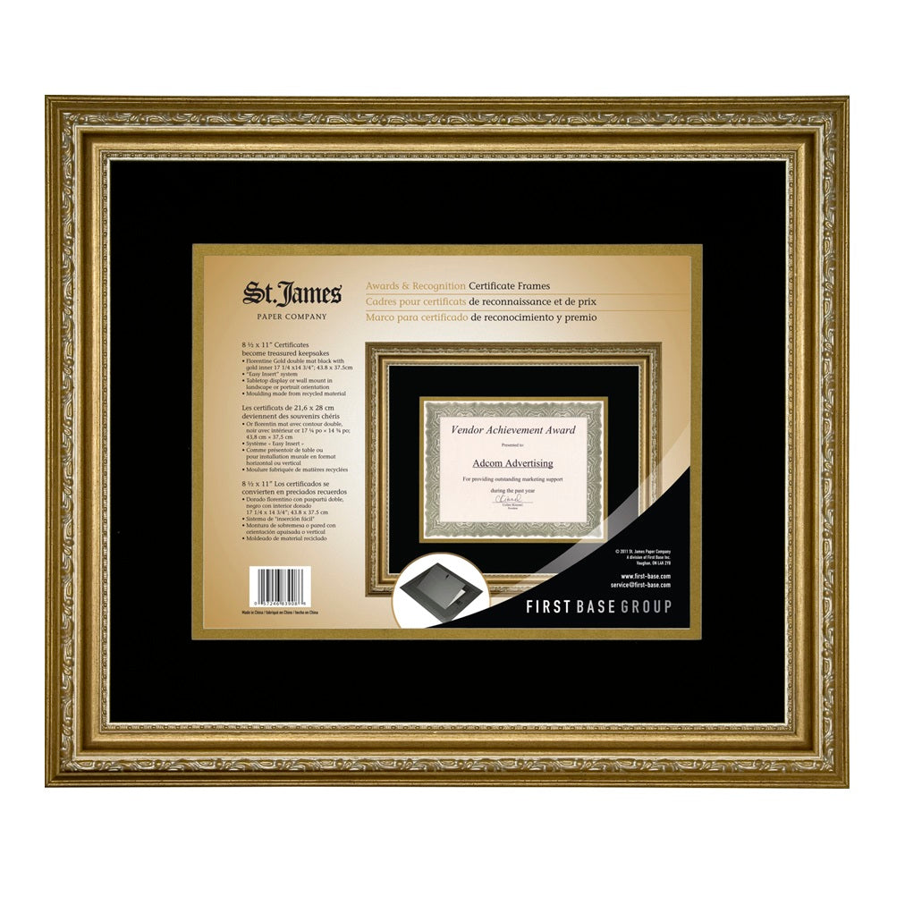 St. James® Certificate/Diploma/Document Frame, 8.5x11", Florentine Gold w/Double Mat Black/Gold, 83908