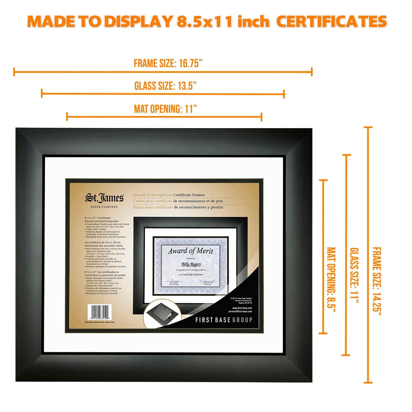 St. James® Certificate/Diploma/Document Frame, 8.5x11", Tuxedo Black with Double Mat White/Black, 83910