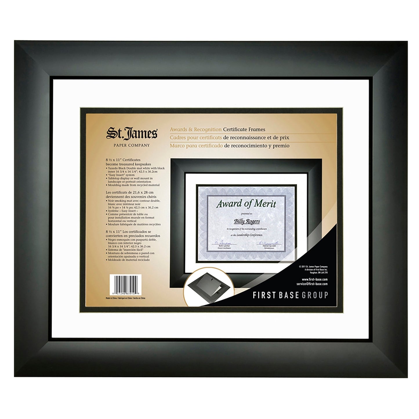 St. James® Certificate/Diploma/Document Frame, 8.5x11", Tuxedo Black with Double Mat White/Black, 83910