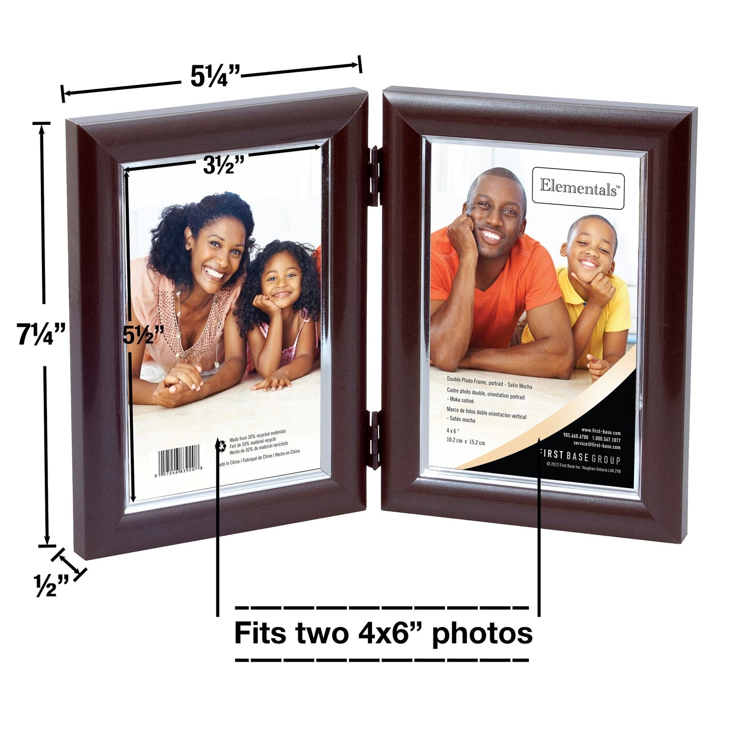 Dual Picture Photo Frame - For 2 4x6" Pictures - Vertical - Easy Insert - Satin Mocha - Table Top Display