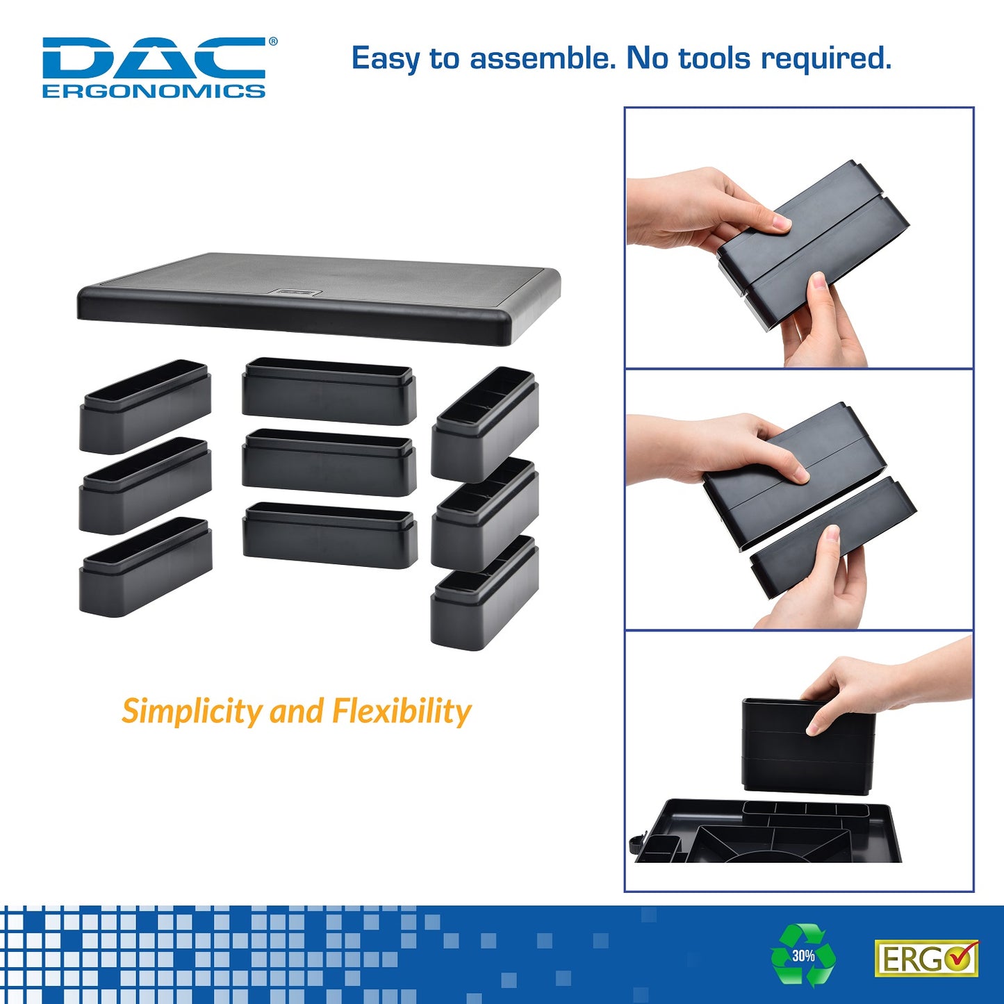 DAC® Stax™ MP-107x2 Ergonomic Height-Adjustable Monitor Riser/Laptop Stand, Black, 2 Pack
