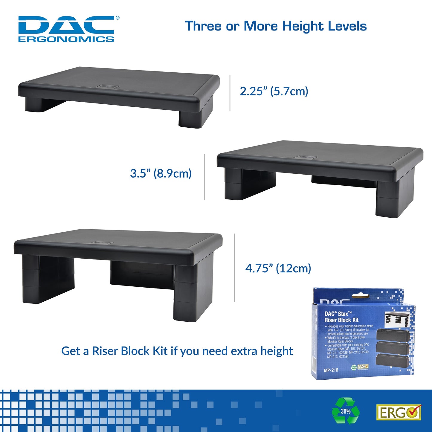 DAC® Stax™ MP-107 Ergonomic Height-Adjustable Monitor Riser/Laptop Stand, Black
