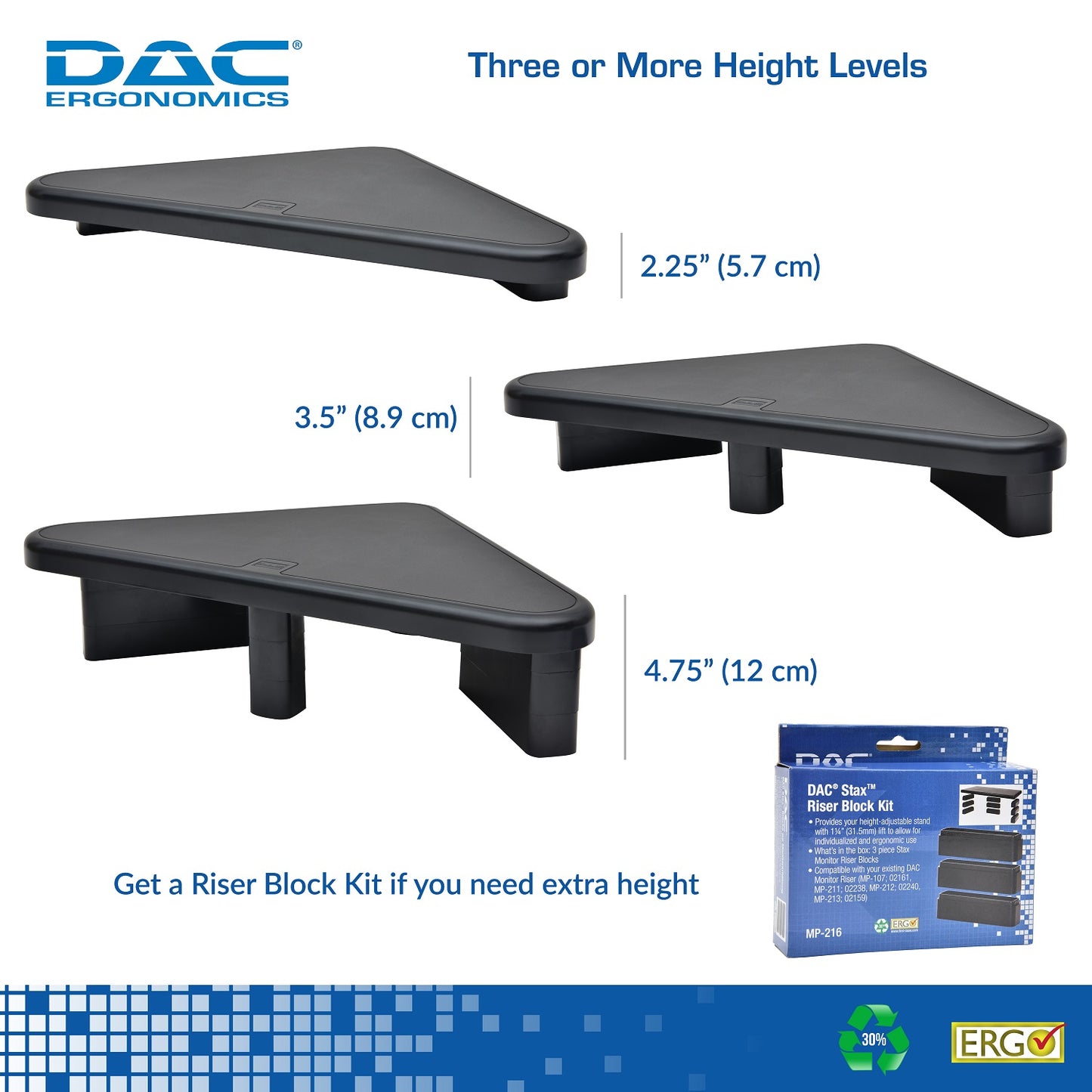 DAC® Stax™  MP-197 Height Adjustable Corner Monitor Riser, Black