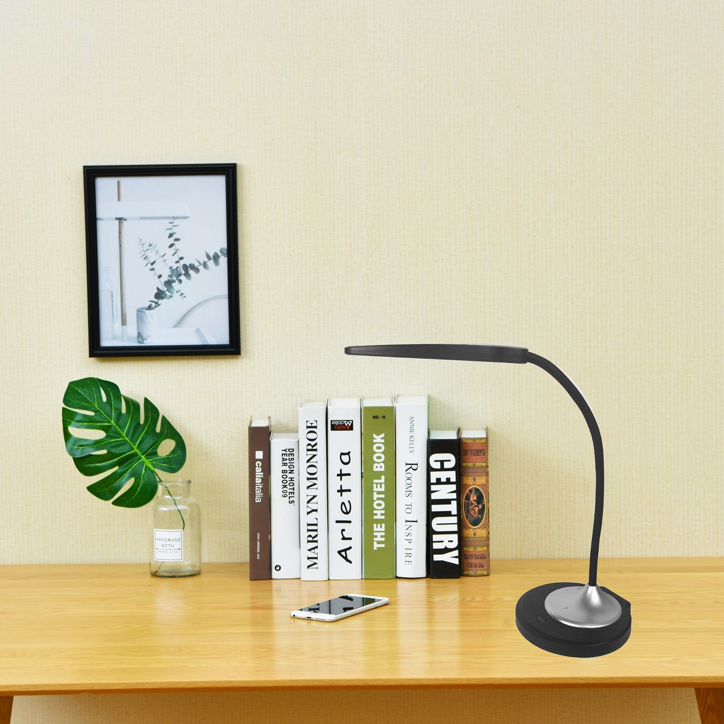 DAC® MP-354 Adjustable LED Desk Lamp/Table Lamp with USB Charging Port, Silver and Black
