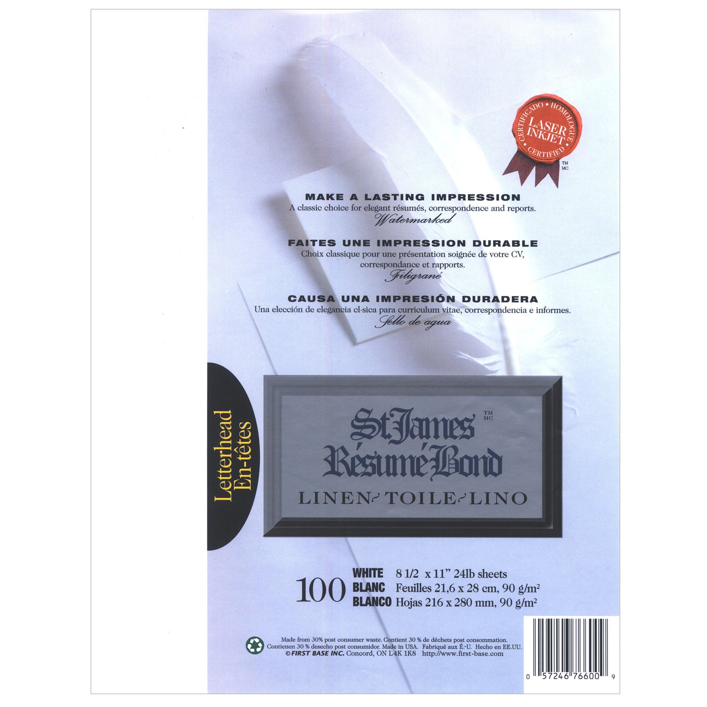 St. James® Rsum Bond, Linen, 24 lb Letter-Size Paper, White, Pack of 100