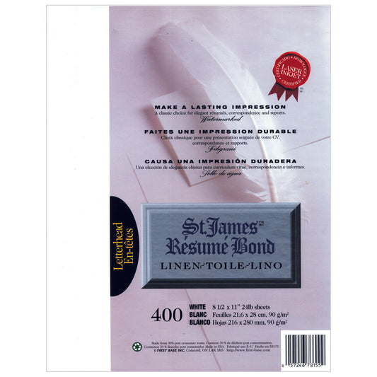 St. James® Rsum Bond, Linen, 24 lb Letter-Size Paper, White, Pack of 400