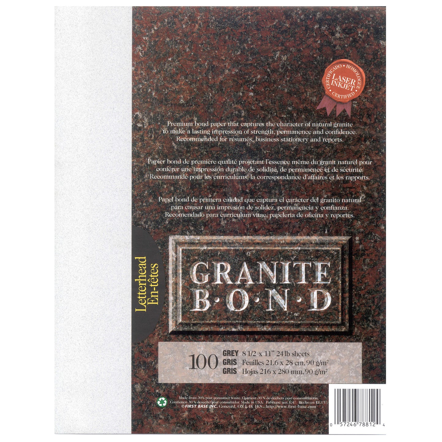 St. James® Granite Bond, 24 lb Letter-Size Paper, Grey, Pack of 100