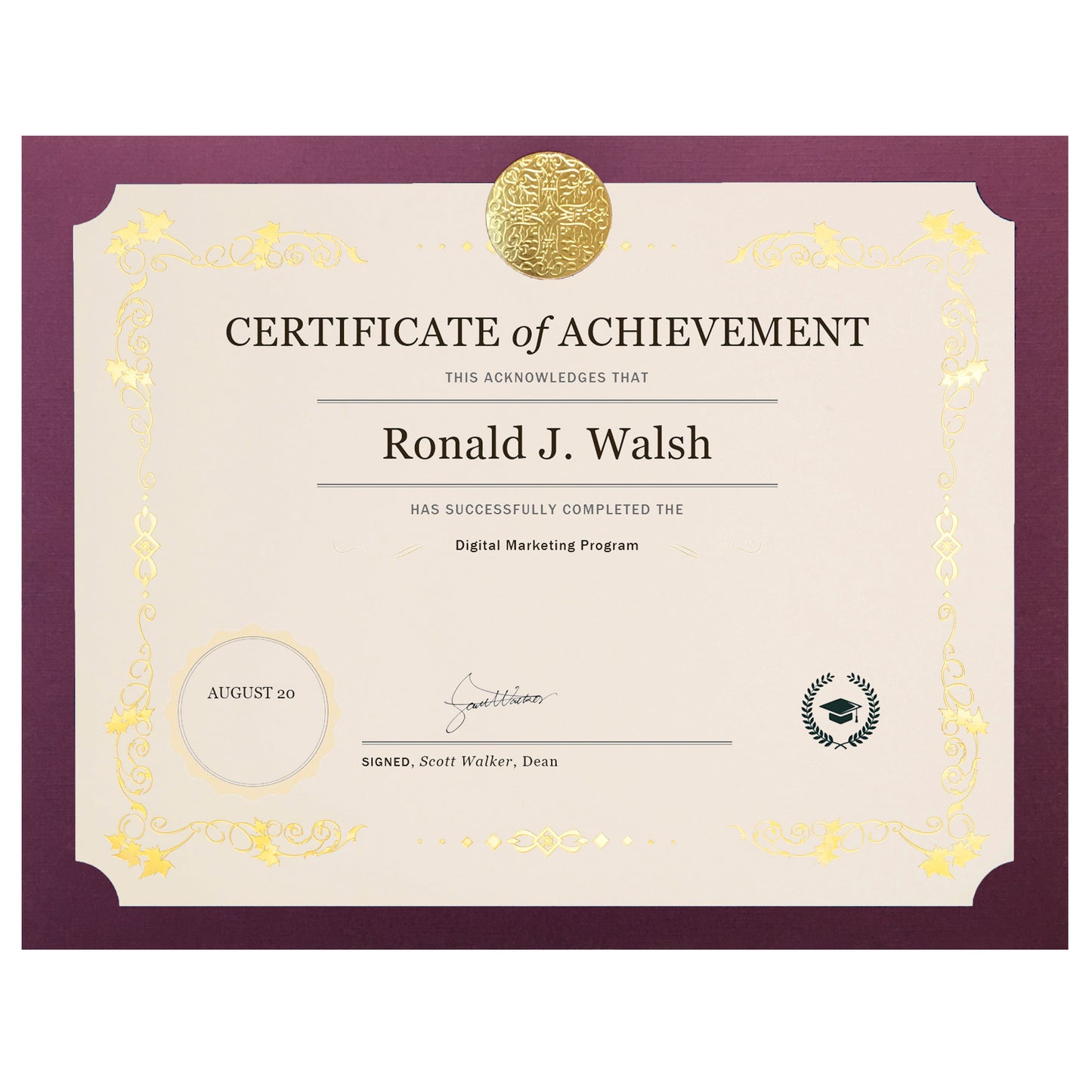St. James® Elite™ Medallion Presentation Cards/Certificate Holder, Burgundy with Gold Medallion, Pack of 25