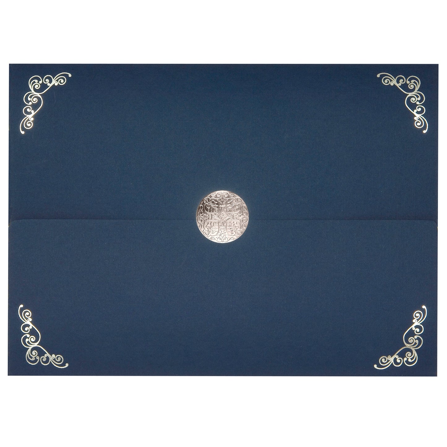 St. James® Elite™ Medallion Fold Certificate Holders, Linen, Navy Blue with Silver Medallion, Pack of 5