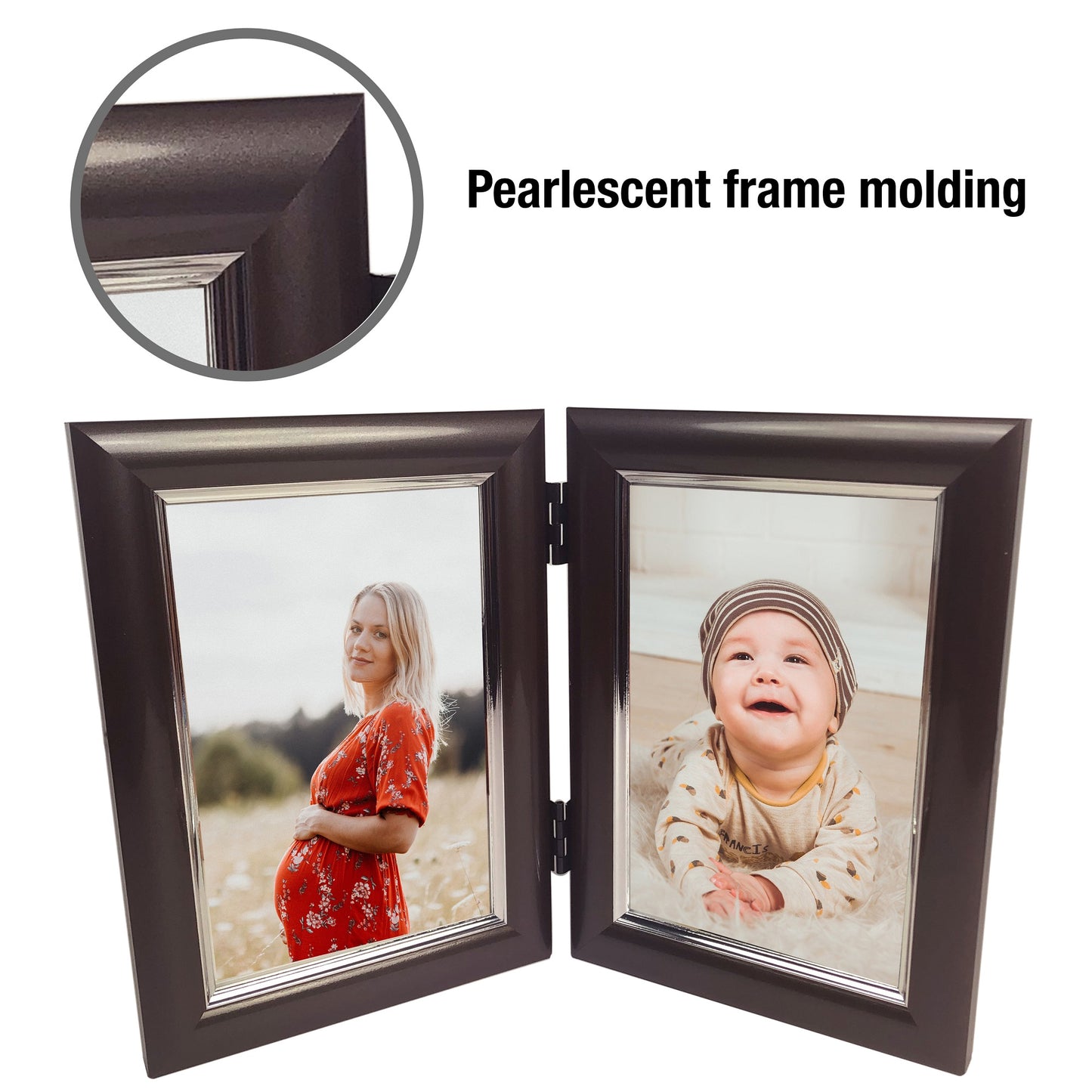 Dual Picture Photo Frame - For 2 4x6" Pictures - Vertical - Easy Insert - Satin Mocha - Table Top Display