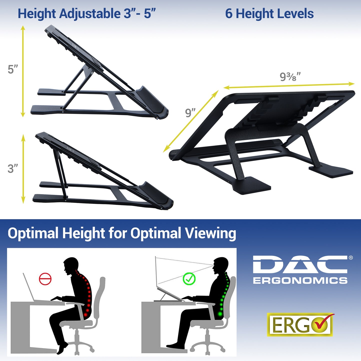 DAC® MP-224 Portable Laptop Stand With 6 Height Levels, Black